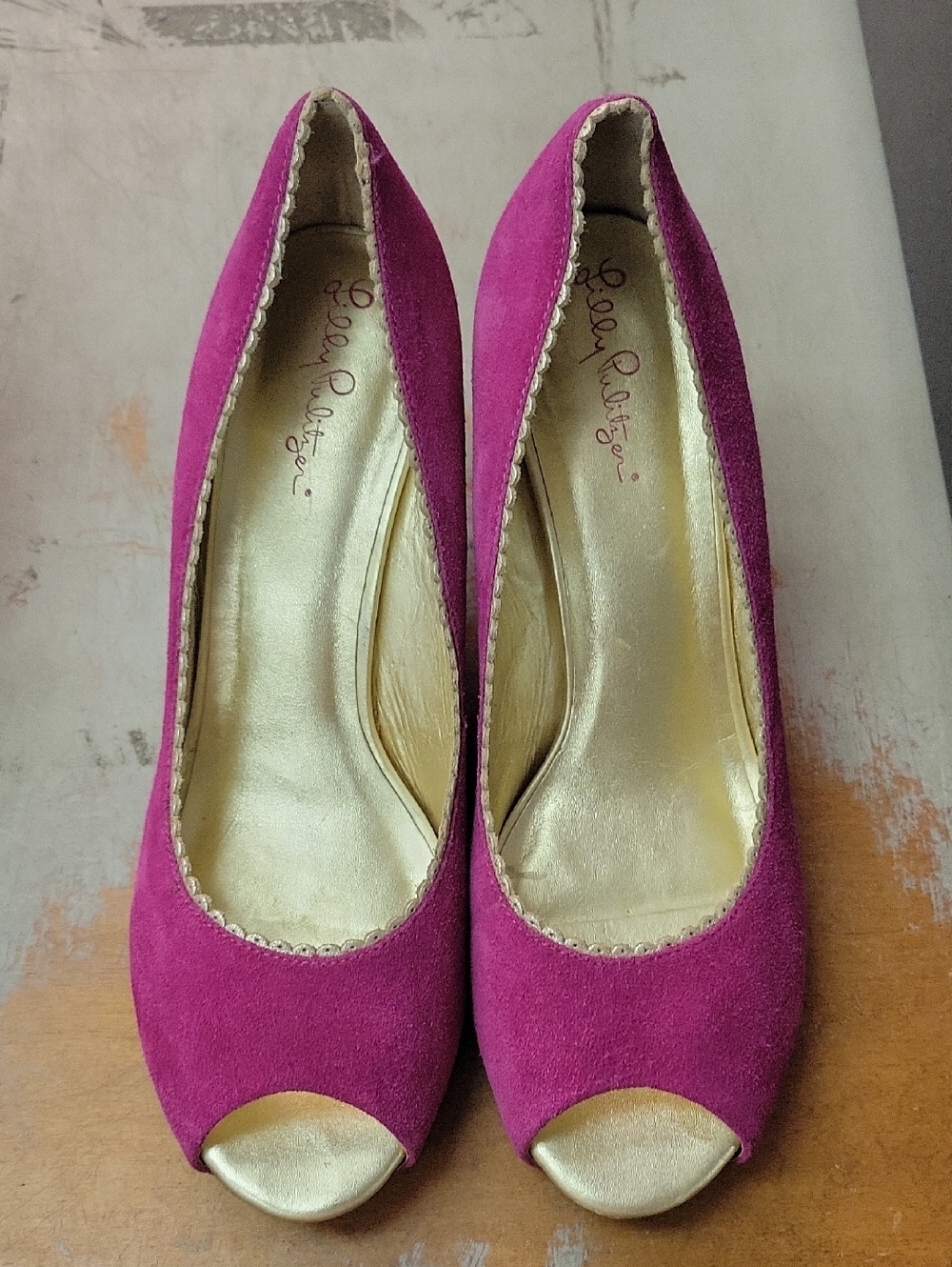 Lilly Pulitzer Fuchsia Suede Peep-Toe Heels with Gold Insole